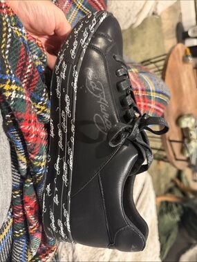 Ed Hardy Black Leather Script-Trim Lace-Up Sneakers